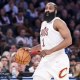 Cleveland Cavaliers guard James Harden (1) controls the ball against the New York Knicks during the second quarter of game two of the eastern conference finals of the 2026 NBA playoffs at Madison Square Garden.