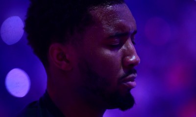 Cleveland Cavaliers guard Donovan Mitchell (45) during the national anthem before game four of the eastern conference finals for the 2026 NBA playoffs against the New York Knicks at Rocket Arena.