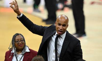 Former NBA player Richard Jefferson reacts after New York Knicks defeat the Cleveland Cavaliers in game four of the eastern conference finals for the 2026 NBA playoffs at Rocket Arena.