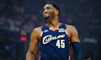 Cleveland Cavaliers guard Donovan Mitchell (45) reacts in the third quarter against the New York Knicks during game three of the eastern conference finals for the 2026 NBA playoffs at Rocket Arena.