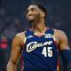 Cleveland Cavaliers guard Donovan Mitchell (45) reacts in the third quarter against the New York Knicks during game three of the eastern conference finals for the 2026 NBA playoffs at Rocket Arena.