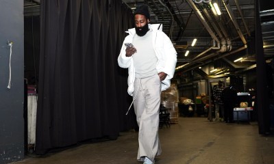 LA Clippers guard James Harden (1) arrives before a game against the Toronto Raptors at Scotiabank Arena.