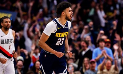 Denver Nuggets forward Cam Johnson (23) reacts after a play in the fourth quarter against the Portland Trail Blazers at Ball Arena.