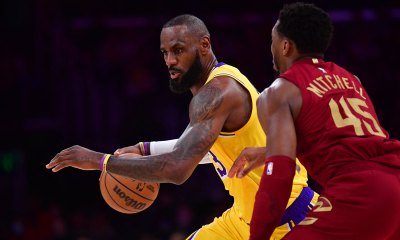 Lakers forward LeBron James (23) moves the ball against Cleveland Cavaliers guard Donovan Mitchell (45) during the first half at Crypto.com Arena