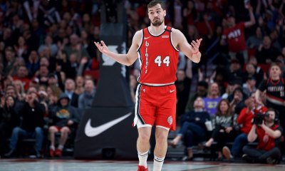 Portland Trail Blazers forward Mario Hezonja (44) reacts after making a three point basket against the Phoenix Suns during the fourth quarter at the Moda Center.