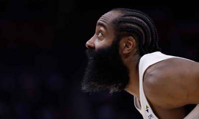 Cleveland Cavaliers guard James Harden (1) looks for a rebound in the second half against the Detroit Pistons during game seven of the second round of the 2026 NBA Playoffs at Little Caesars Arena.