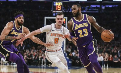 Los Angeles Lakers Los Angeles Lakers forward LeBron James (23) drives past New York Knicks forward Mario Hezonja (8) in the first quarter at Madison Square Garden.