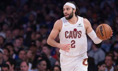 Cleveland Cavaliers guard Max Strus (2) dribbles up court against the New York Knicks during the second quarter of the eastern conference finals of the 2026 NBA playoffs at Madison Square Garden.