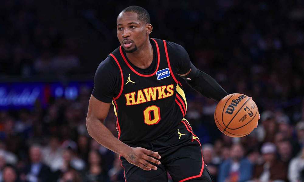 Atlanta Hawks forward Jonathan Kuminga (0) dribbles during the second half of the 2026 NBA Playoffs against the New York Knicks at Madison Square Garden.