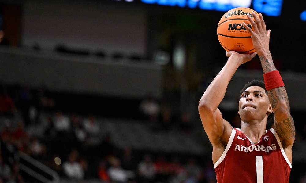 Arkansas Razorbacks guard Meleek Thomas (1) shoots the ball against the Arizona Wildcats in the second half during a Sweet Sixteen game of the West Regional of the men's 2026 NCAA Tournament at SAP Center.