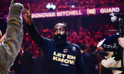 Cleveland Cavaliers guard James Harden (1) is introduced before game four between the Cavaliers and the Detroit Pistons in the second round of the 2026 NBA Playoffs at Rocket Arena.
