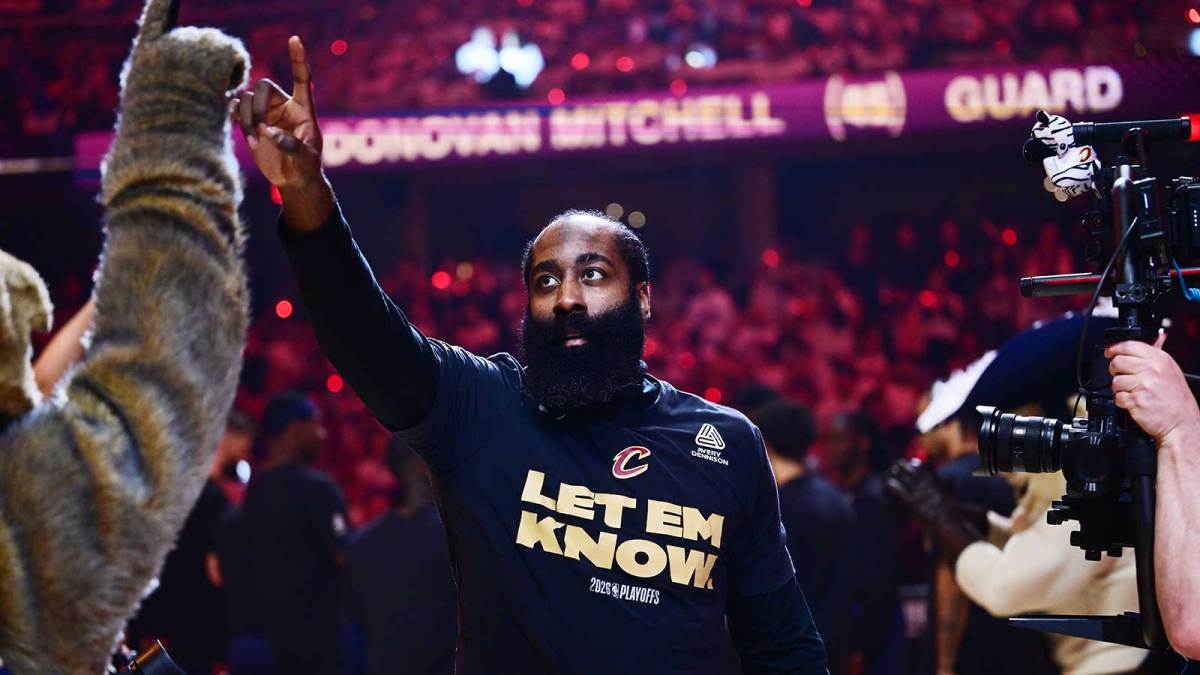 Cleveland Cavaliers guard James Harden (1) is introduced before game four between the Cavaliers and the Detroit Pistons in the second round of the 2026 NBA Playoffs at Rocket Arena.