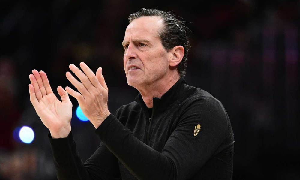 Cleveland Cavaliers head coach Kenny Atkinson reacts against the Toronto Raptors during the first half of game seven in the first round of the 2026 NBA Playoffs at Rocket Arena.