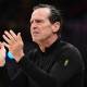 Cleveland Cavaliers head coach Kenny Atkinson reacts against the Toronto Raptors during the first half of game seven in the first round of the 2026 NBA Playoffs at Rocket Arena.