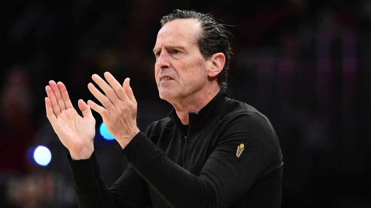 Cleveland Cavaliers head coach Kenny Atkinson reacts against the Toronto Raptors during the first half of game seven in the first round of the 2026 NBA Playoffs at Rocket Arena.