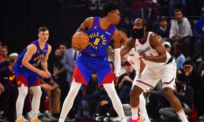 Denver Nuggets forward Peyton Watson (8) controls the ball against Los Angeles Clippers guard James Harden (1) during the first half at Intuit Dome.