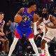 Denver Nuggets forward Peyton Watson (8) controls the ball against Los Angeles Clippers guard James Harden (1) during the first half at Intuit Dome.