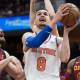 New York Knicks forward Mario Hezonja (8) drives to the basket against Cleveland Cavaliers forward Kevin Love (0) during the first half at Quicken Loans Arena.