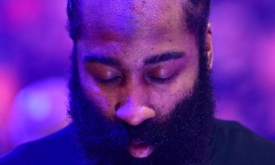 Cleveland Cavaliers guard James Harden (1) listens to the national anthem before the game between the Cavaliers and the Indiana Pacers at Rocket Arena.