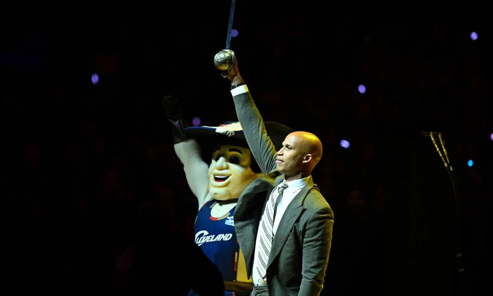 Former Cleveland Cavaliers forward Richard Jefferson stands on the court before a game against the Los Angeles Lakers at Rocket Arena.
