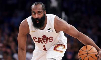 Cavs guard James Harden (1) controls the ball