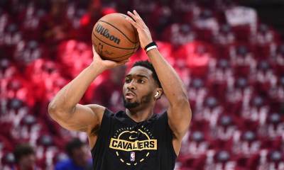 Cleveland Cavaliers guard Donovan Mitchell (45) warms up before game four of the eastern conference finals for the 2026 NBA playoffs against the New York Knicks at Rocket Arena.