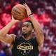 Cleveland Cavaliers guard Donovan Mitchell (45) warms up before game four of the eastern conference finals for the 2026 NBA playoffs against the New York Knicks at Rocket Arena.