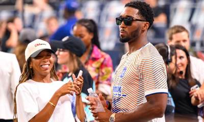 Cleveland Cavaliers shooting guard Donovan Mitchell attends the Queens Classic match between Washington Spirit and Gotham FC at Citi Field