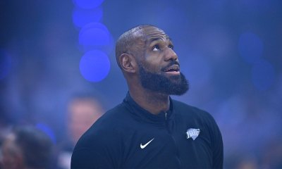 Los Angeles Lakers forward LeBron James (23) stands on the court before a game against the Cleveland Cavaliers at Rocket Arena.
