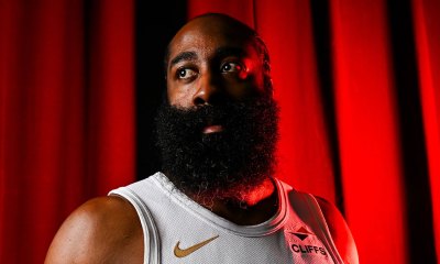 Cleveland Cavaliers guard James Harden (1) poses for a photo during media day at Rocket Arena.