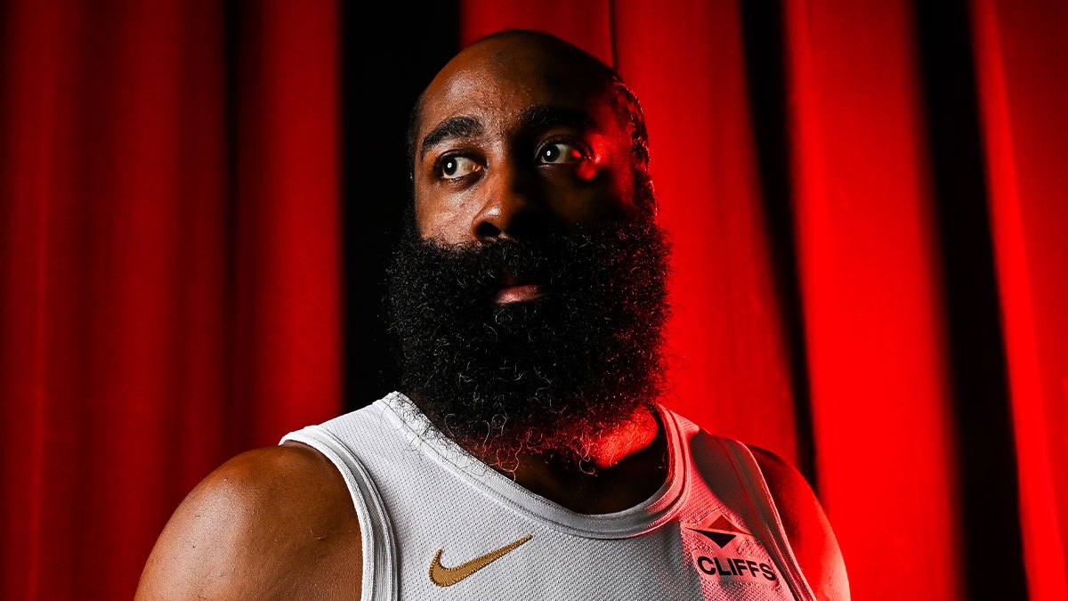 Cleveland Cavaliers guard James Harden (1) poses for a photo during media day at Rocket Arena.