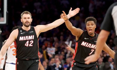 Miami Heat forward Kevin Love (42) and guard Kyle Lowry (7) argue with referee Scott Foster (48) during the fourth quarter of game two of the 2023 NBA Eastern Conference semifinal playoffs against the New York Knicks at Madison Square Garden