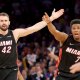 Miami Heat forward Kevin Love (42) and guard Kyle Lowry (7) argue with referee Scott Foster (48) during the fourth quarter of game two of the 2023 NBA Eastern Conference semifinal playoffs against the New York Knicks at Madison Square Garden