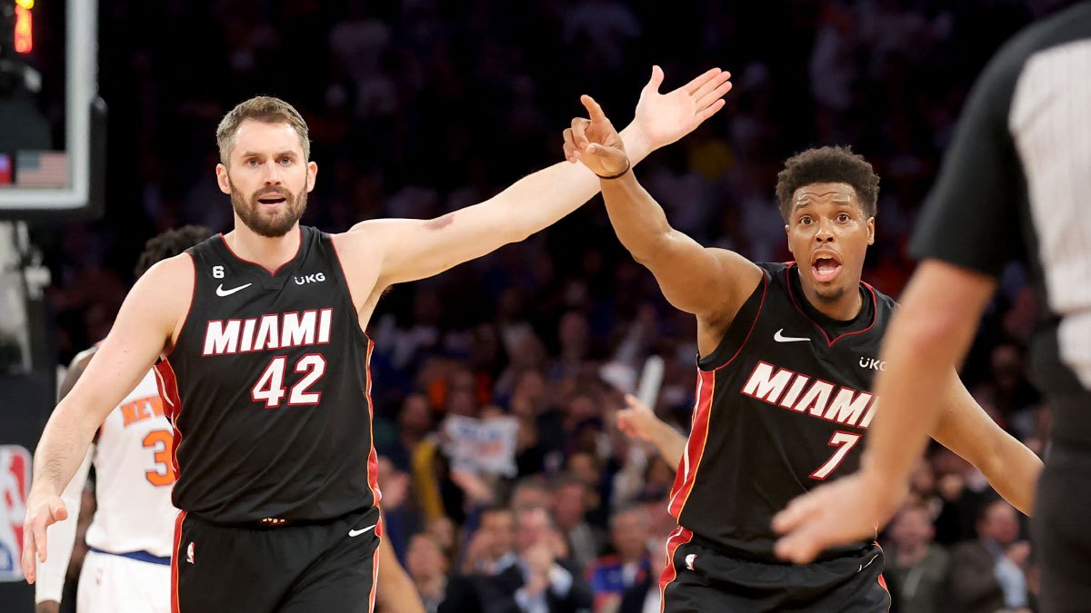 Miami Heat forward Kevin Love (42) and guard Kyle Lowry (7) argue with referee Scott Foster (48) during the fourth quarter of game two of the 2023 NBA Eastern Conference semifinal playoffs against the New York Knicks at Madison Square Garden