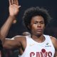Cleveland Cavaliers guard Peyton Watson (8) is introduced before the game between the Cleveland Cavaliers and the Orlando Magic at Rocket Arena.