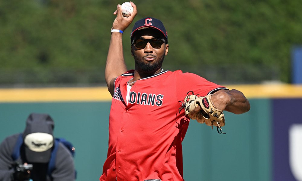 Cleveland Cavaliers guard Donovan Mitchell throws out a first pitch before game three of the ALCS between Tampa Bay Rays and Cleveland Guardians in the 2026 MLB Playoffs at Progressive Field.