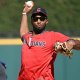 Cleveland Cavaliers guard Donovan Mitchell throws out a first pitch before game three of the ALCS between Tampa Bay Rays and Cleveland Guardians in the 2026 MLB Playoffs at Progressive Field.