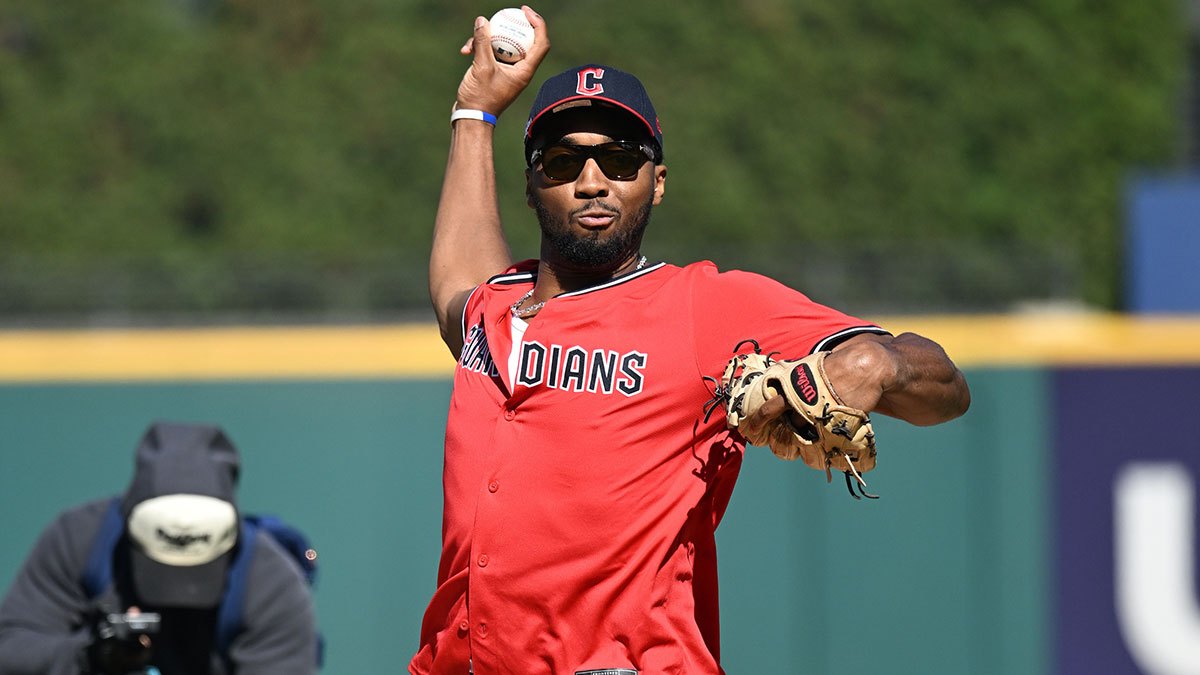 Cleveland Cavaliers guard Donovan Mitchell throws out a first pitch before game three of the ALCS between Tampa Bay Rays and Cleveland Guardians in the 2026 MLB Playoffs at Progressive Field.
