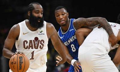 Cleveland Cavaliers guard James Harden (1) drives to the basket against against the Orlando Magic during the second half at Rocket Arena.