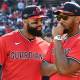 Cleveland Guardians outfielder Jo Adell (7) speaks with Cleveland Cavaliers guard Donovan Mitchell prior to a ceremonial first pitch before game three of the ALCS between Tampa Bay Rays and Cleveland Guardians in the 2026 MLB Playoffs at Progressive Field. Mandatory Credit: Ken Blaze-Imagn Images