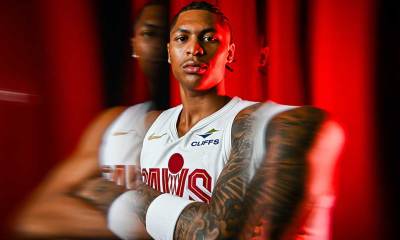 Cleveland Cavaliers guard Meleek Thomas (15) poses for a photo during media day at Rocket Arena.